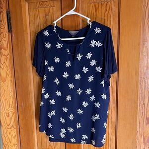 Mi Dark Blue Blouse with White Floral Pattern